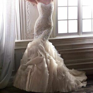 Maggie Sottero Ivory Over Light Gold Strapless Wedding Gown Dress